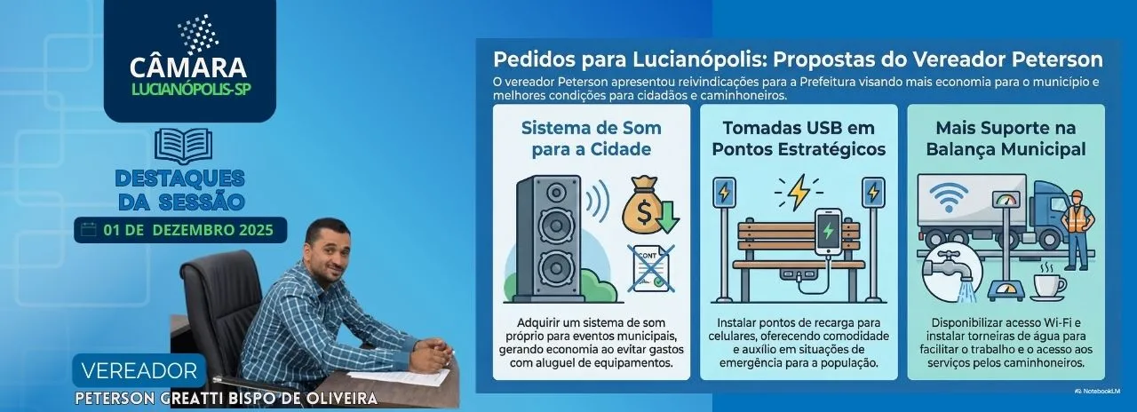 Vereador Peterson Greatti pede sistema de som próprio, carregadores USB e melhorias na balança