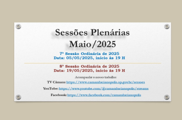 Calendário das Sessões Plenárias do mês de Maio/2025